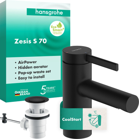 Hansgrohe Zesis S mitigeur de lavabo monocommande 70 CoolStart avec tirette de vidage noir mat SW1388834