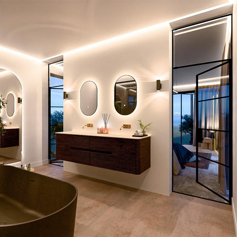 Mondiaz CIRO-DLUX Ensemble de meubles de salle de bains - 180x45x50cm - lavabo Solid surface Meli - 2 vasques double - sans trous de robinet - 4 tiroirs - Noyer SW1530549