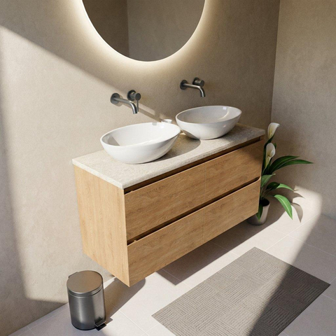 Saniclass Holz Pure Badkamermeubelset - 120x45x63cm - Travertine natuurstenen topblad - zonder kraangat - 4 lades - mat eiken natural (hout) SW1478875