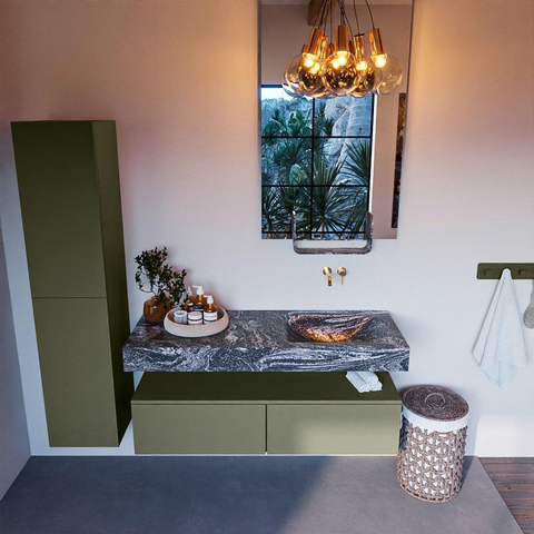 Mondiaz ALAN-DLUX Ensemble de meuble - 130cm - meuble Army mat - 2 tiroirs - Lavabo Cloud Lava suspendu - vasque Droite - 0 trous de robinet SW808592