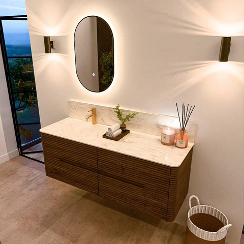 Mondiaz CIRO-DLUX Badkamermeubelset - 140x45x50cm - Solid surface wastafel Ostra - 1 wasbak Links - 1 kraangat - 4 lades - Dusk SW1533429