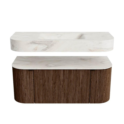 MONDIAZ THOR-DLUX 110cm badmeubel ronding links + rechts kleur Walnut met 1 lade en 2 deuren. Vrijhangende wastafel CLOUD Midden zonder kraangat kleur Ostra. SW1462765