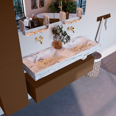 Mondiaz ALAN-DLUX Ensemble de meuble - 130cm - meuble Rust mat - 1 tiroir - Lavabo Cloud Glace suspendu - vasque Gauche et droite - 0 trous de robinet SW805952