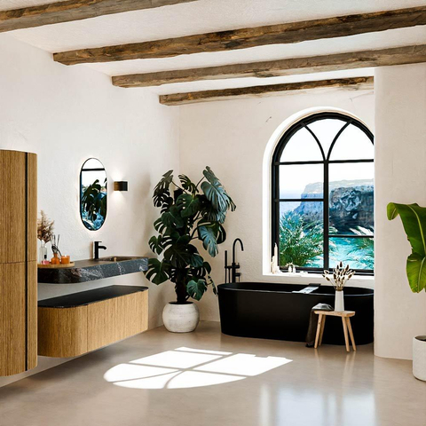 MONDIAZ THOR-DLUX 140cm badmeubel ronding links + rechts kleur Oak met 1 lade en 2 deuren. Vrijhangende wastafel CLOUD Rechts 1 kraangat kleur Lava. SW1463939