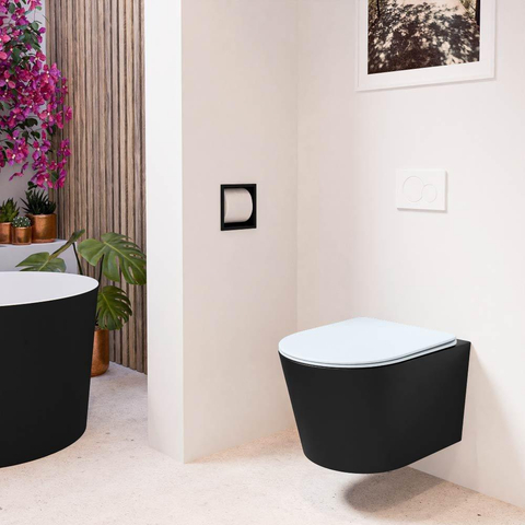 Mondiaz LAVIE hangtoilet – spoelrandloos – 36 x 53 cm – met softclose zitting – Urban (zwart), zitting Clay (lichtblauw/grijs) SW1208785