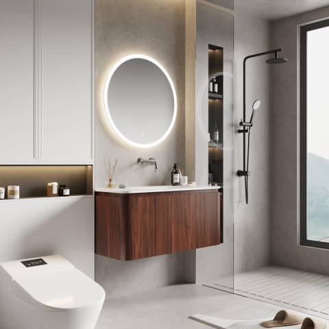 Royal Plaza Terra Ensemble meuble de salle de bains - 100x46.2x46cm - vasque en solid surface blanc mat - 1 vasque - sans trou de robinet - 2 tiroirs - châtaigne (noyer) SW1447024