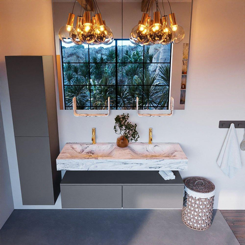 Mondiaz ALAN-DLUX Ensemble de meuble - 130cm - meuble Plata mat - 2 tiroirs - Lavabo Cloud Glace suspendu - vasque Gauche et droite - 2 trous de robinet SW806200