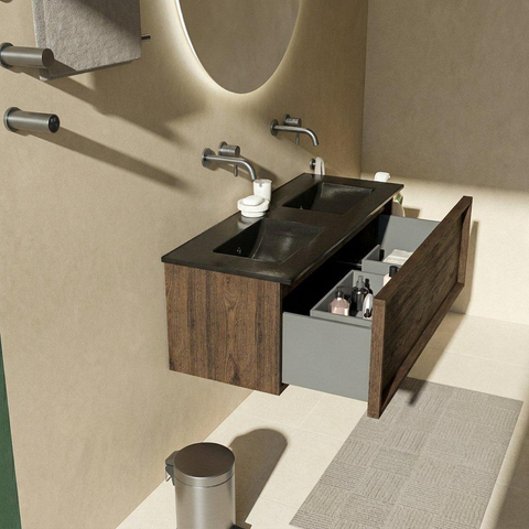 Saniclass Holz Frame Ensemble meuble de salle de bains - 120x45x42cm - Vasque Vygo en céramique noire - 2 vasques - sans trous de robinetterie - 1 tiroir - chêne charcoal mat (bois) SW1478983