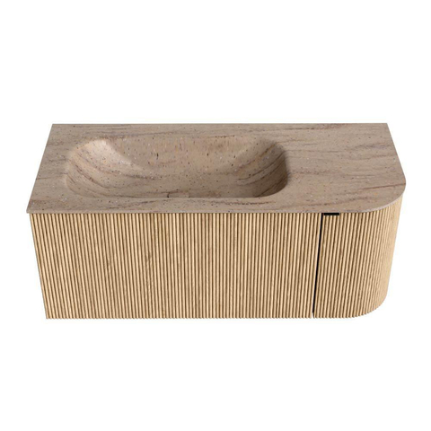 MONDIAZ KURVE-DLUX Meuble de salle de bains 105cm arrondi à droite couleur Oak avec 1 tiroir et 1 porte. Lavabo BIG SMALL à gauche sans trou de robinet Saba. SW1433059