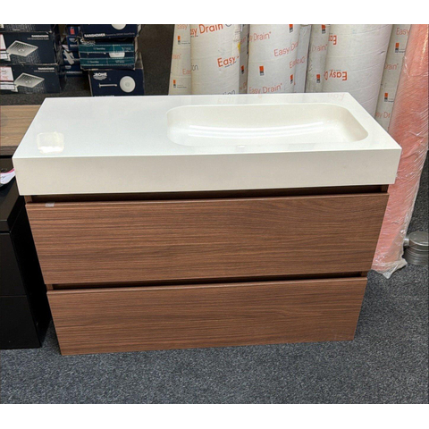 INK Wastafeonderkast met polystone wastafel - 90x45x52cm - 2 laden - greeploos - met houten keerlijst - Warm walnoot OUTLETSTORE STORE42230