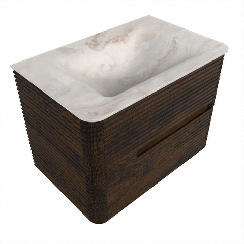 Mondiaz CIRO-DLUX Ensemble de meubles de salle de bains - 70x45x50cm - plan vasque Solid surface Frappe - 1 vasque au milieu - sans trous de robinet - 2 tiroirs - Noyer SW1530276