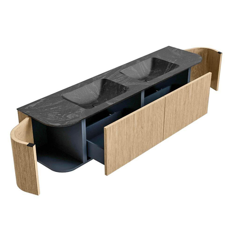 MONDIAZ KURVE-DLUX Meuble de salle de bains 180cm avec module 25 Len R couleur Chêne avec 2 tiroirs et 2 portes. Lavabo LEAF double 2 trous de robinet couleur Lava. SW1137229