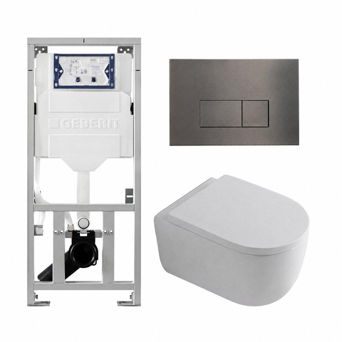 QeramiQ Dely Swirl Toiletset - 36.3x51.7cm - Geberit UP320 inbouwreservoir - met Burda frame - 35mm zitting - gunmetal bedieningsplaat - rechthoekige knoppen - glans wit SW1138654