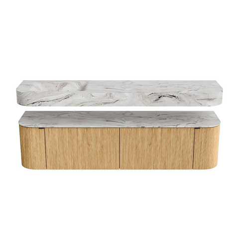 MONDIAZ THOR-DLUX 180cm meuble de salle de bains arrondi gauche + droite couleur Oak avec 2 tiroirs et 2 portes. Vasque suspendue CLOUD Gauche sans trou de robinet couleur Glace. SW1465893