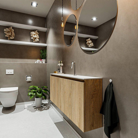 MONDIAZ TURE Kit lave-mains - 120x23x50cm - 1 trou de robinet - 2 portes - chêne blanchi mat - Lavabo centré - Solid Surface Blanc SW475143