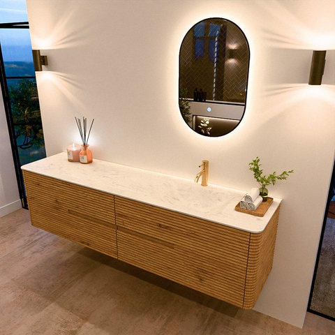 Mondiaz CIRO-DLUX Meuble de salle de bains complet - 190x45x50cm - Plan vasque solid surface Opalo - 1 lavabo à droite - 1 trou de robinet - 4 tiroirs - Chêne SW1531074
