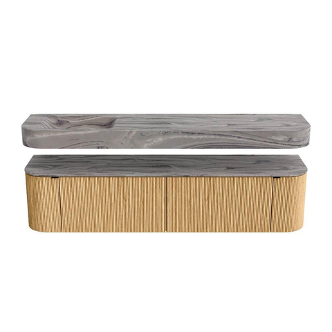 MONDIAZ THOR-DLUX Meuble de salle de bains - 190cm - arrondi gauche + droite - couleur Oak - 2 tiroirs et 2 portes - Vasque suspendue CLOUD Gauche 1 trou de robinet - couleur Sombra SW1466688