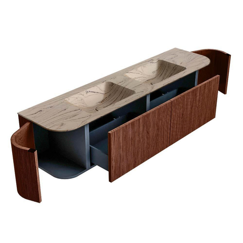 MONDIAZ KURVE-DLUX Meuble de salle de bains 180cm arrondi gauche + droite couleur Ruby avec 2 tiroirs et 2 portes. Lavabo LEAF Double 2 trous de robinet Arena. SW1431553