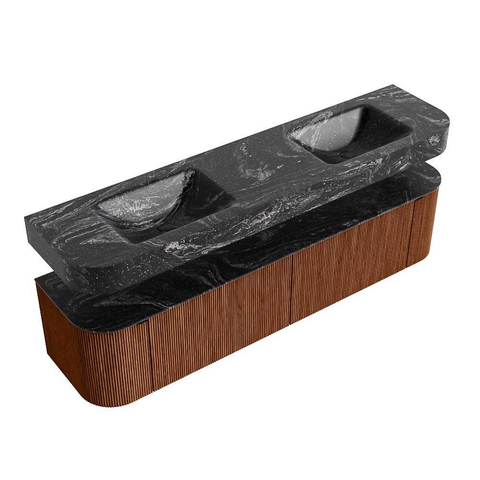 MONDIAZ THOR-DLUX Meuble de salle de bains 190cm arrondi gauche + droite couleur Ruby avec 2 tiroirs et 2 portes. Vasque suspendue CLOUD Double sans trou de robinet couleur Lava. SW1466506