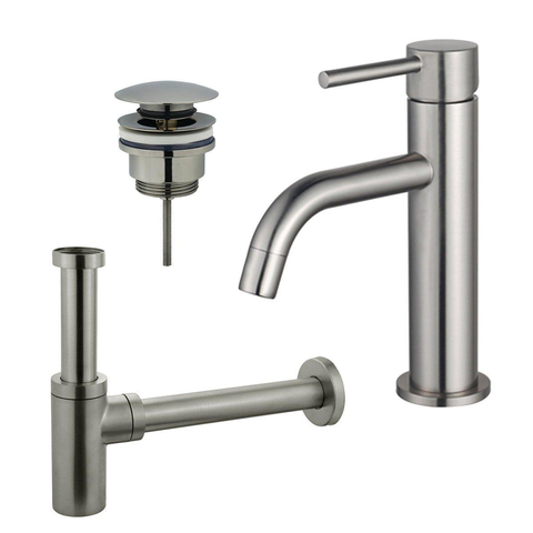 Fortifura Calvi Slim Kit mitigeur lavabo - robinet bas - bonde clic clac - siphon design - PVD Inox brossé SW915272