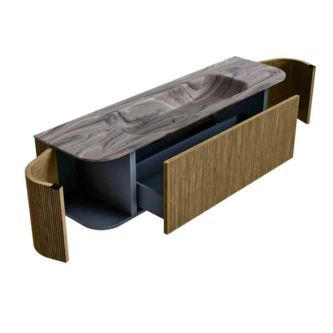 MONDIAZ KURVE-DLUX 160cm badmeubel ronding Links + Rechts kleur Dusk met 1 lade en 2 deuren. Wastafel BIG MEDIUM Midden zonder kraangat Sombra. SW1434061