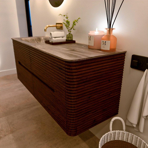 Mondiaz CIRO-DLUX Badkamermeubelset - 130x45x50cm - Solid surface wastafel Sombra - 1 wasbak Links - zonder kraangaten - 4 lades - Ruby SW1532017