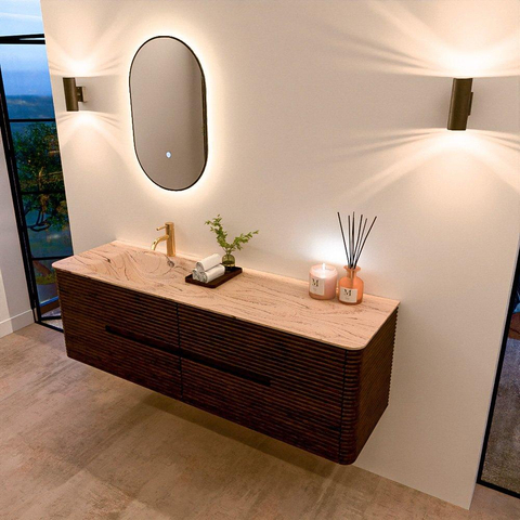 Mondiaz CIRO-DLUX Ensemble de meubles de salle de bains - 160x45x50cm - Plan-vasque solid surface Arena - 1 vasque à gauche - 1 trou de robinetterie - 4 tiroirs - Noyer SW1530446