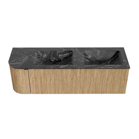 MONDIAZ KURVE-DLUX 145cm meuble de salle de bains avec module 25 L couleur Oak avec 1 tiroir et 1 porte. Lavabo LEAF double / à droite sans trou de robinet couleur Lava. SW1137163