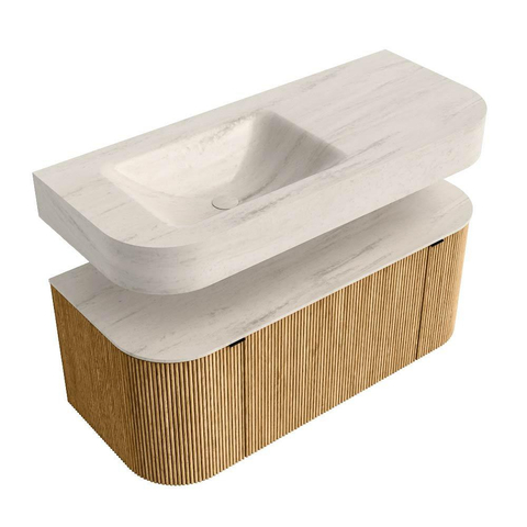 MONDIAZ THOR-DLUX 110cm badmeubel ronding links + rechts kleur Oak met 1 lade en 2 deuren. Vrijhangende wastafel CLOUD Links 1 kraangat kleur Meli. SW1462896