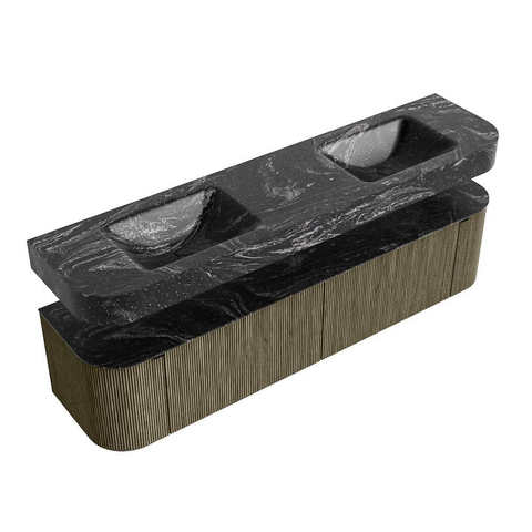 MONDIAZ THOR-DLUX 190cm meuble de salle de bains arrondi gauche + droite couleur Shadow avec 2 tiroirs et 2 portes. Vasque suspendue CLOUD Double 2 trous de robinet couleur Lava. SW1466562