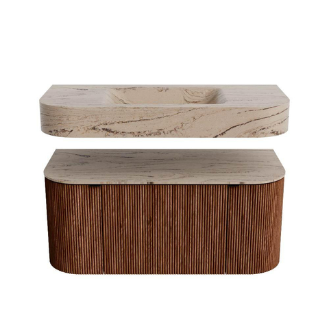 MONDIAZ THOR-DLUX 100cm meuble de salle de bains arrondi gauche + droite couleur Ruby avec 1 tiroir et 2 portes. Vasque suspendue CLOUD Milieu 1 trou de robinet couleur Arena. SW1467459