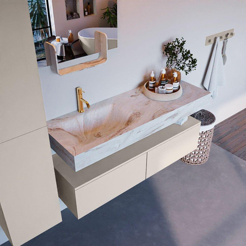 Mondiaz ALAN-DLUX Ensemble de meuble - 130cm - meuble Linen mat - 2 tiroirs - Lavabo Cloud Frappe suspendu - vasque Gauche - 1 trou de robinet SW804722