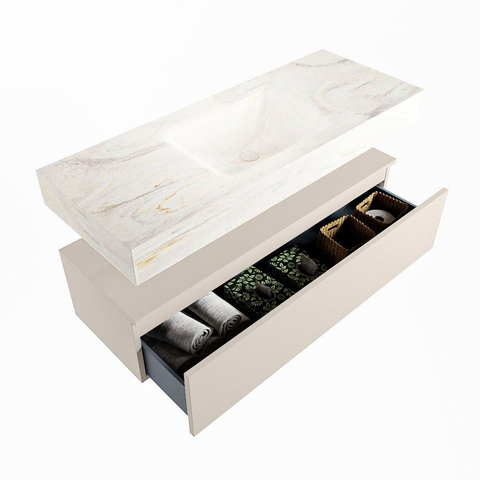Mondiaz ALAN-DLUX Ensemble de meuble - 120cm - meuble Linen mat - 1 tiroir - Lavabo Cloud Ostra suspendu - vasque Centre - 1 trou de robinet SW806946