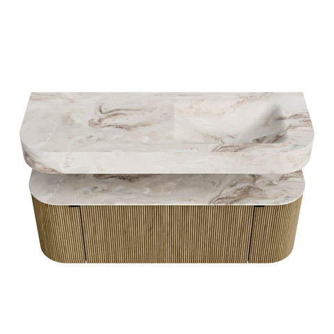 MONDIAZ THOR-DLUX Meuble de salle de bains 130cm arrondi gauche + droite couleur Dusk avec 1 tiroir et 2 portes. Vasque suspendue CLOUD Droite 1 trou de robinet couleur Frappe. SW1463600