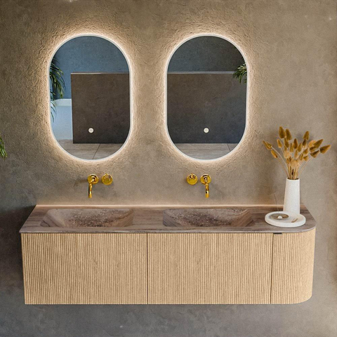 MONDIAZ KURVE-DLUX Meuble de salle de bains 155cm arrondi à droite couleur Oak avec 2 tiroirs et 1 porte. Lavabo LEAF Double / Gauche sans trou de robinet Oza. SW1432677