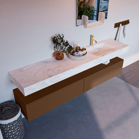 Mondiaz ALAN-DLUX Ensemble de meuble - 200cm - meuble Rust mat - 2 tiroirs - Lavabo Cloud Ostra suspendu - vasque droite - 1 trou de robinet SW807355