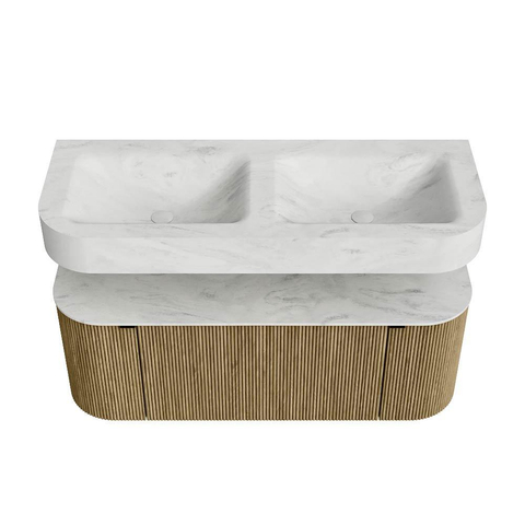 MONDIAZ THOR-DLUX Meuble de salle de bains - 120cm - arrondi gauche + droite - couleur Dusk - 1 tiroir - 2 portes - Vasque suspendue CLOUD Double sans trou de robinet - couleur Opalo SW1463284