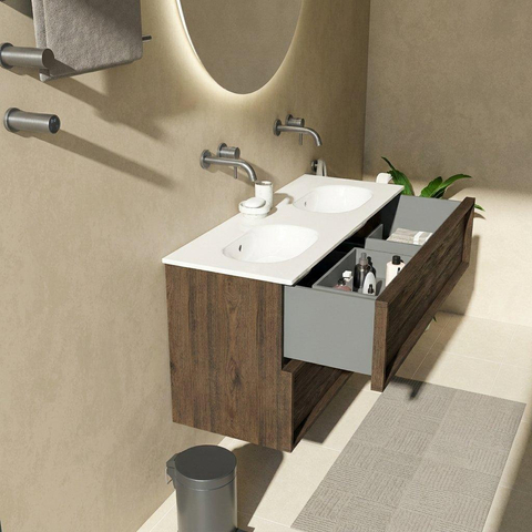 Saniclass Holz Frame Ensemble meuble de salle de bains - 120x45x74cm - lavabo Chaci en céramique blanc - 2 vasques - sans trous de robinetterie - 2 tiroirs - chêne charcoal mat (bois) SW1579942
