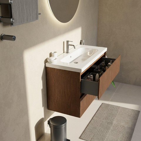 Saniclass Holz Atelier Ensemble meuble de salle de bains - 100x45x63.5cm - Lavabo en céramique Palermo blanc - 1 vasque - 1 trou de robinetterie - 2 tiroirs - walnut pure mat (bois) SW1478614