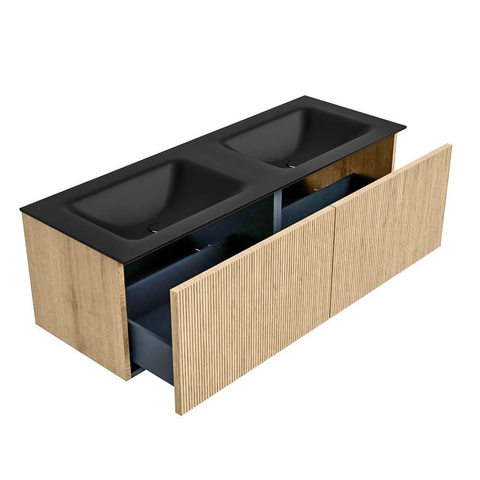 MONDIAZ KURVE 130cm meuble de salle de bains couleur Oak avec 2 tiroirs. Lavabo CLOUD double 2 trous de robinet Urban. SW1138453