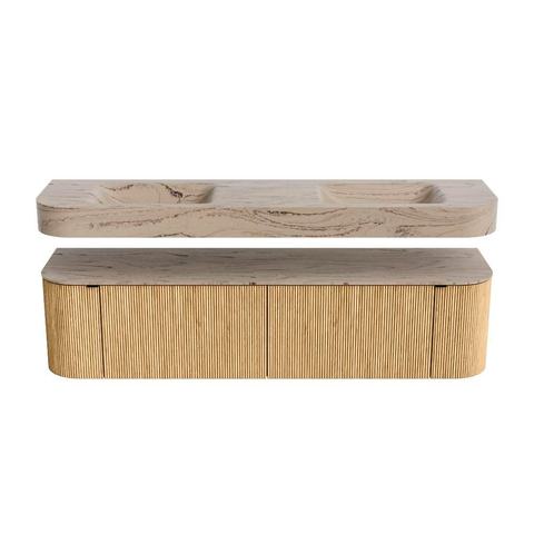 MONDIAZ THOR-DLUX 180cm badmeubel ronding links + rechts kleur Oak met 2 lades en 2 deuren. Vrijhangende wastafel CLOUD Dubbel 2 kraangaten kleur Arena. SW1466118