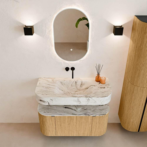 MONDIAZ THOR-DLUX 100cm badmeubel ronding links + rechts kleur Oak met 1 lade en 2 deuren. Vrijhangende wastafel CLOUD Midden zonder kraangat kleur Glace. SW1467309