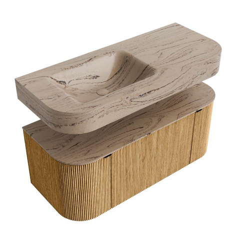 MONDIAZ THOR-DLUX 110cm meuble de salle de bains arrondi gauche + droite couleur Oak avec 1 tiroir et 2 portes. Vasque suspendue CLOUD gauche 1 trou de robinet couleur Arena. SW1462874