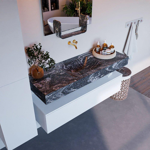 Mondiaz ALAN-DLUX Ensemble de meuble - 130cm - meuble Talc mat - 1 tiroir - Lavabo Cloud Lava suspendu - vasque Centre - 0 trous de robinet SW807652