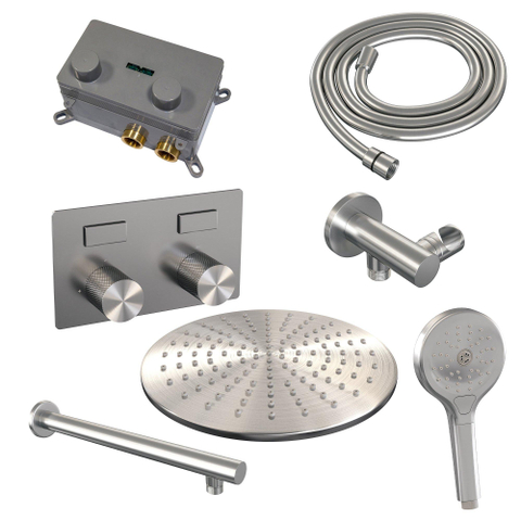 BRAUER Brushed Carving Douche de pluie thermostatique encastrée - boutons poussoirs - SET 56 - pomme de douche 30cm - bras mural droit - douchette 3 jets - flexible de douche - coude mural - inox brossé PVD SW925457
