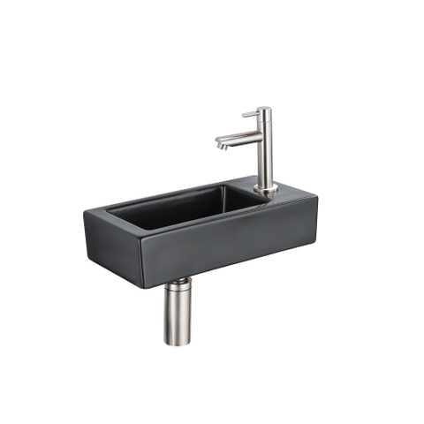 QeramiQ Fuente fonteinset – 37.5x18.5x9 cm – keramiek zwart mat – kraangat rechts – kraan geborsteld RVS SW1232748