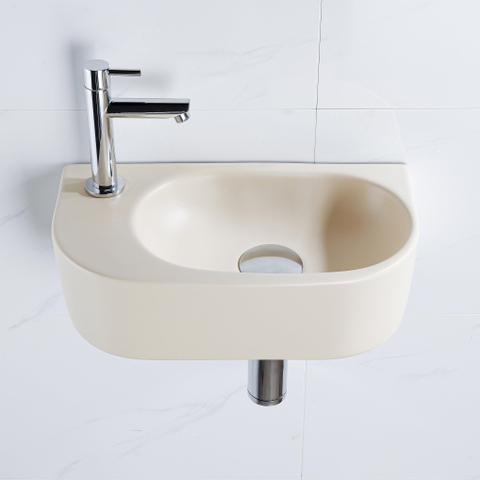 QeramiQ Fuente pack lave-mains – demi-rond – 40 x 21,5 x 12 cm – céramique beige – perçage à gauche – robinet chromé SW1232788