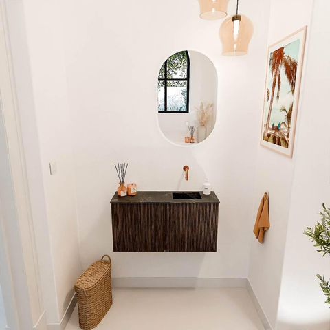 Mondiaz JOYA-DLUX 80cm meuble de salle de bains - couleur Walnut - Vasque FAYE position Droite Sans trou de robinet couleur Lava. SW1422427