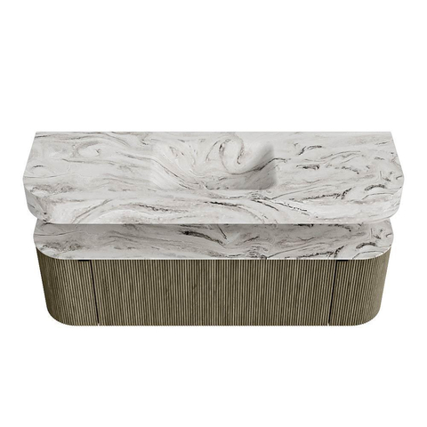 MONDIAZ THOR-DLUX 150cm meuble de salle de bains arrondi gauche + droite couleur Shadow avec 1 tiroir et 2 portes. Vasque suspendue CLOUD Milieu 1 trou de robinet couleur Glace. SW1464868