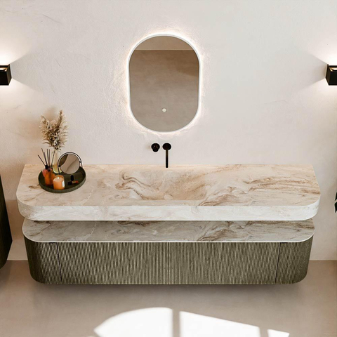 MONDIAZ THOR-DLUX 200cm meuble de salle de bains arrondi gauche + droite couleur Shadow avec 2 tiroirs et 2 portes. Vasque suspendue CLOUD Milieu sans trou de robinet couleur Frappe. SW1467026